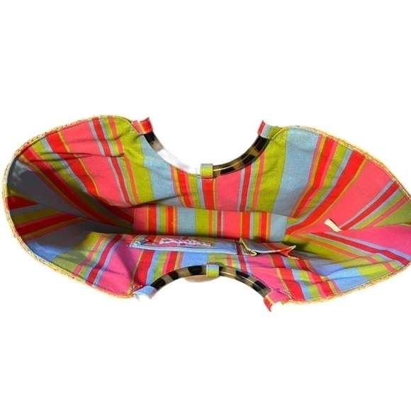 Putu by J MacLear straw bag tortoise ring handles and stripe cotton lining - Picture 6 of 9